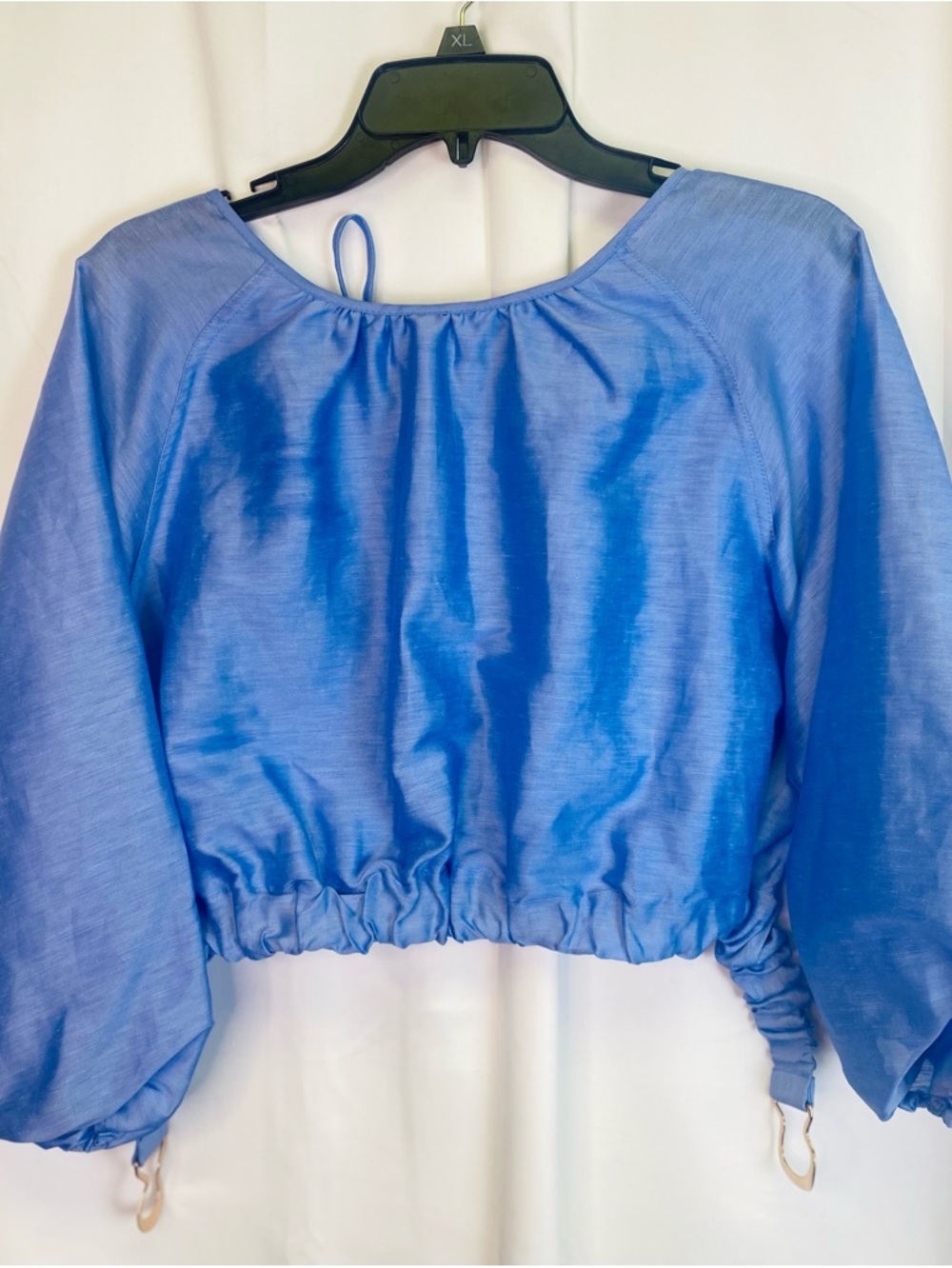 NWT Aureta Studio Linen Blend Blue Open Back Puff Sleeve Crop Blouse S